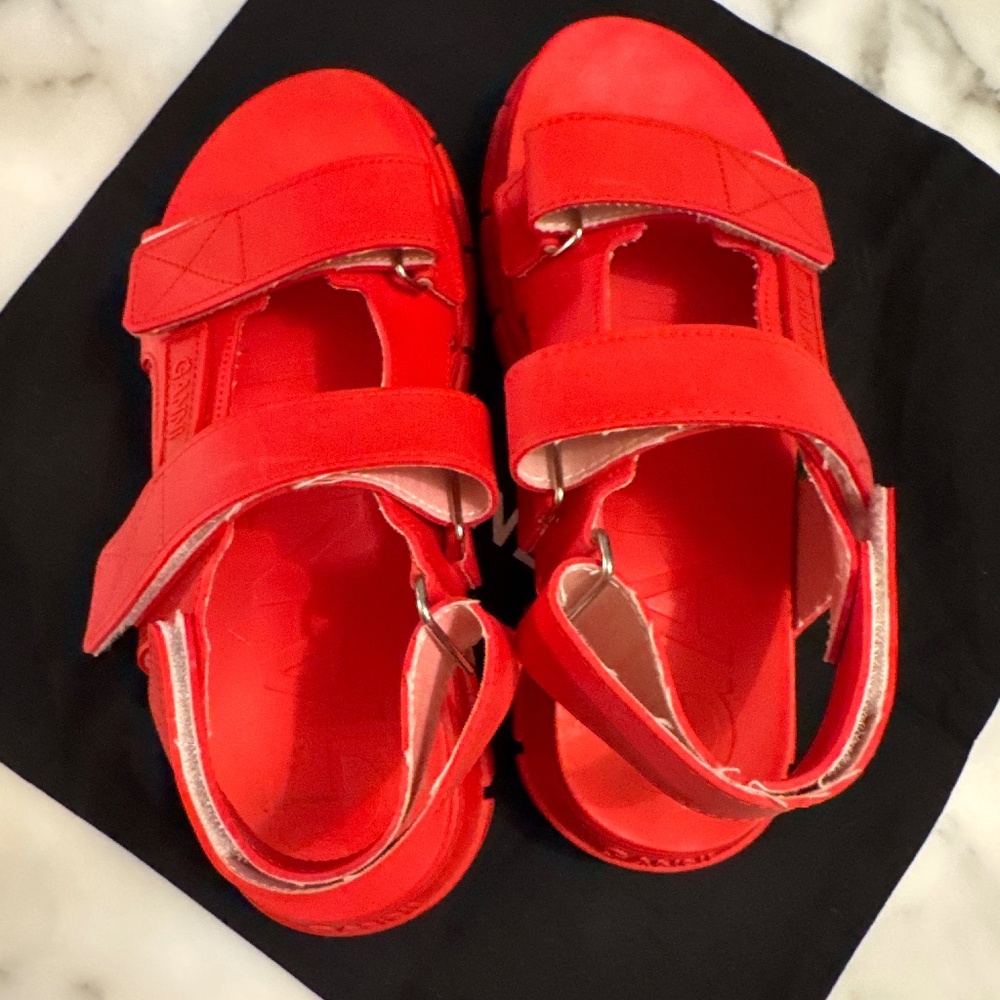 Ganni red lug sole strappy sandals.
